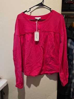 Love Bright Pink Long Sleeve Henley Top with Ruffle Detail